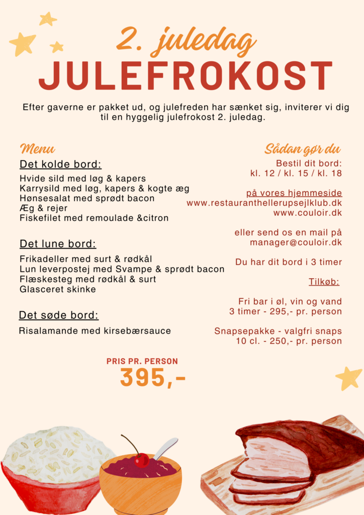 Festmenu til en dansk julefrokost den 26. december. Inkluderer kolde og varme retter, dessert, bestillingsinfo og pris. Dekoreret med stjerner, et træ, julepynt og illustrationer af madvarer som brød og et fad med sauce.