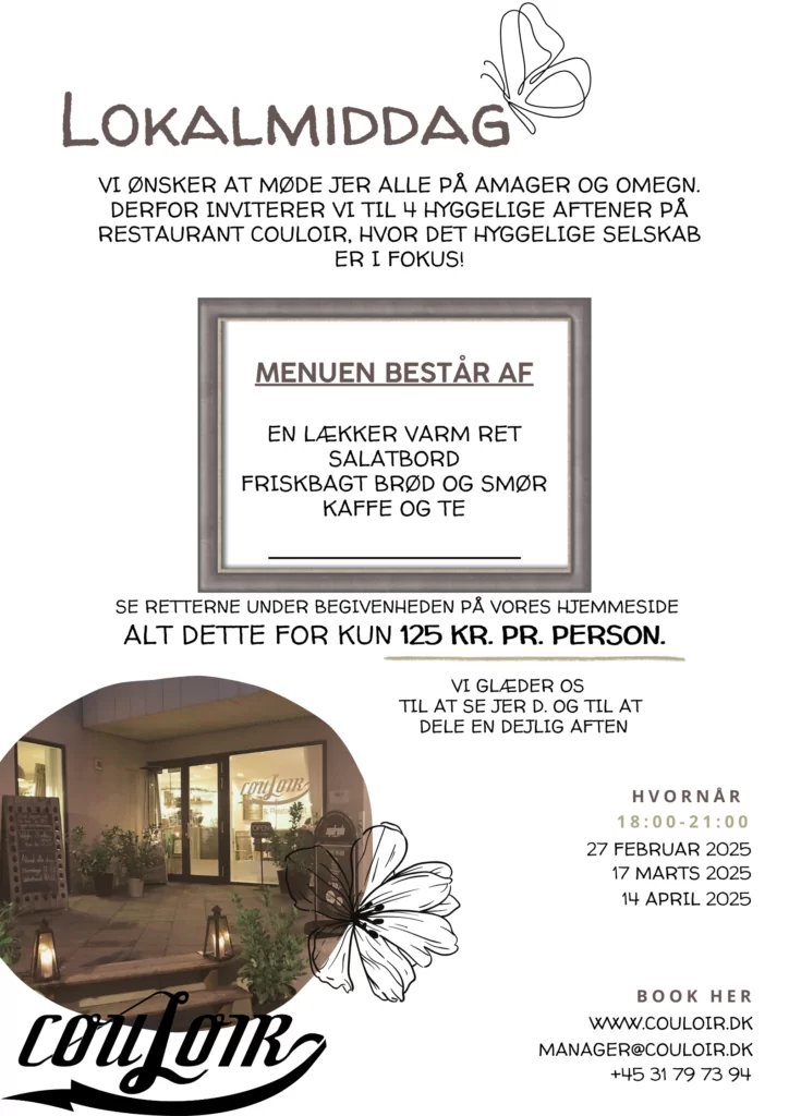 Flyer til et lokalt middagsarrangement på Couloir, med en varm ret, salatbuffet, frisk brød, smør, kaffe og te for 125 kr. pr. person. Datoerne omfatter 27. februar, 17. marts, 15. april 2025, fra kl. 18-21. Kontaktoplysninger og spillestedets logo er inkluderet.