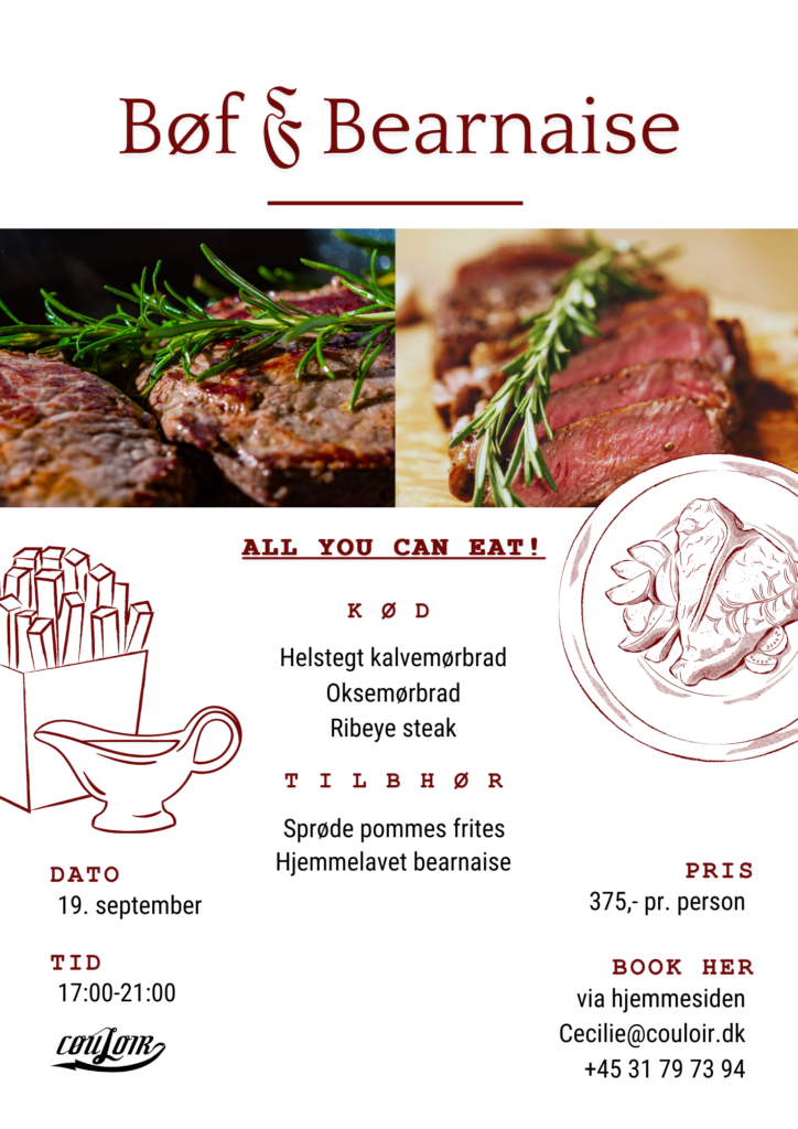 En restaurantfolder med billeder af kogt bøf toppet med rosmarin. Teksten inkluderer "Bøf & Bearnaise," menudetaljer, dato og klokkeslæt, pris og kontaktoplysninger for booking. Ikoner viser bøf, pommes frites og en kalender.
