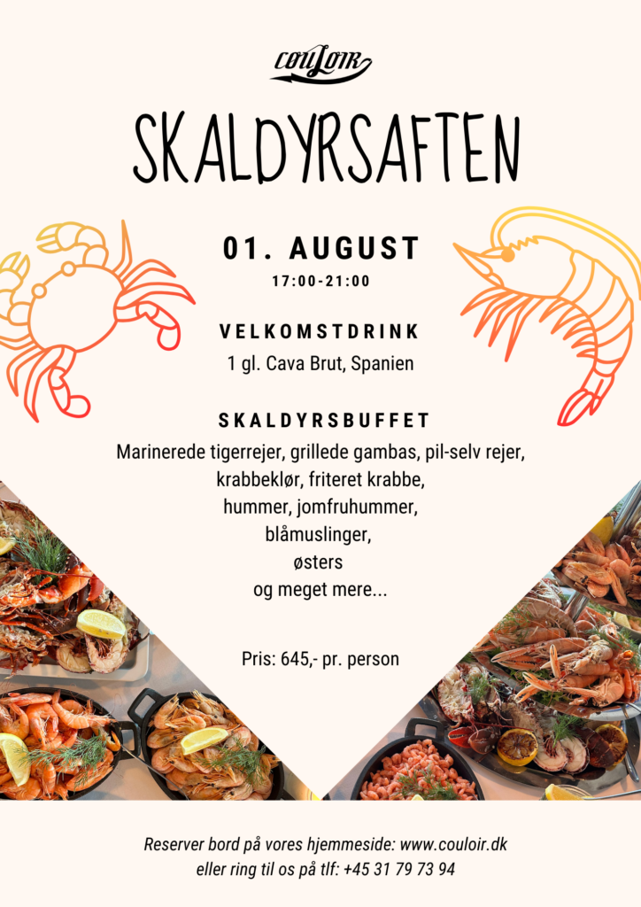 Plakat for "Skaldyrsaften" med fisk og skaldyrsbilleder og begivenhedsdetaljer. Dato: 1. august kl. 17.00-21.00. Indeholder menupunkter som rejer, krabber og muslinger. Pris: 645 kr. pr. Kontakt og hjemmeside info findes nederst.