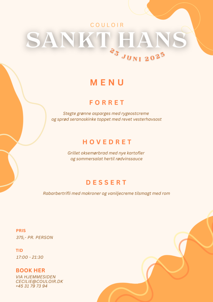 En festlig restaurantmenuplakat til Sankt Hans den 23. juni 2025 med abstrakte orange designs og retter anført til forret, hovedret og dessert, plus pris og kontaktoplysninger nederst.