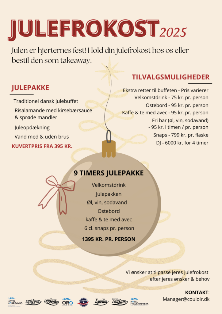 En dansksproget eventflyer for Julefrokost 2025 tilbyder en julefrokostpakke og en 9-timers julepakke med mad, drikkevarer og tilkøbsmuligheder, kontaktoplysninger og festlig julegrafik i rød og guld.