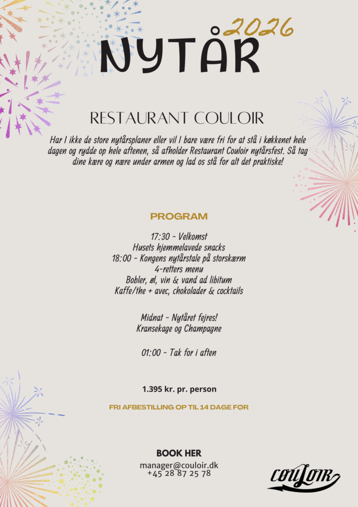 Nytårsaftens flyer for Restaurant Couloir med grafik af fyrværkeri og detaljer om et program med middag, drinks, midnatsgodter og priser. Kontaktoplysninger og reservationsoplysninger findes nederst.