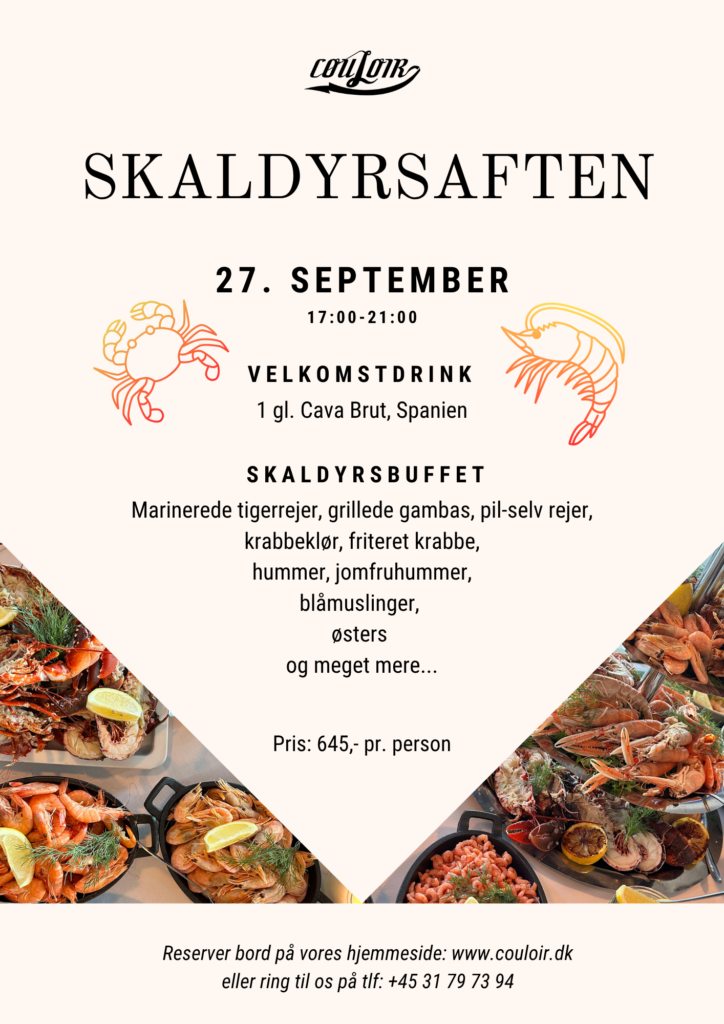 Plakat for "Skaldyrsaften" den 27. september kl. 17.00-21.00 med velkomstdrink og skaldyrsbuffet med forskellige skaldyrsretter. Indeholder billeder af skaldyrsfade. Pris: 645 kr. pr. person.